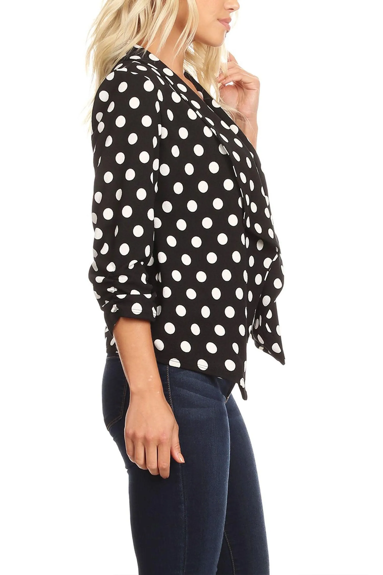 Women's Casual Open Front Polka Dot Roll Up Sleeve Blazer