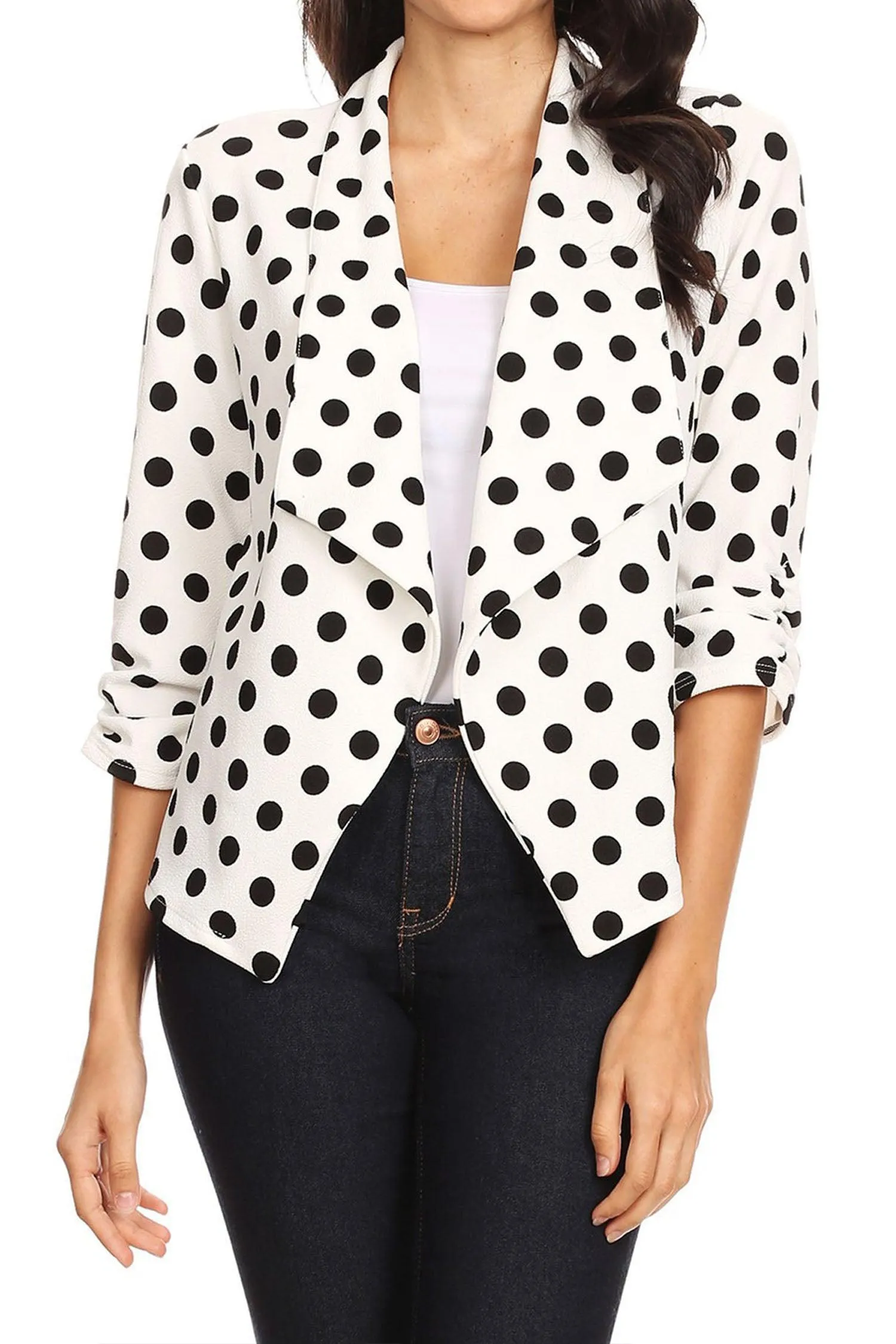 Women's Casual Open Front Polka Dot Roll Up Sleeve Blazer