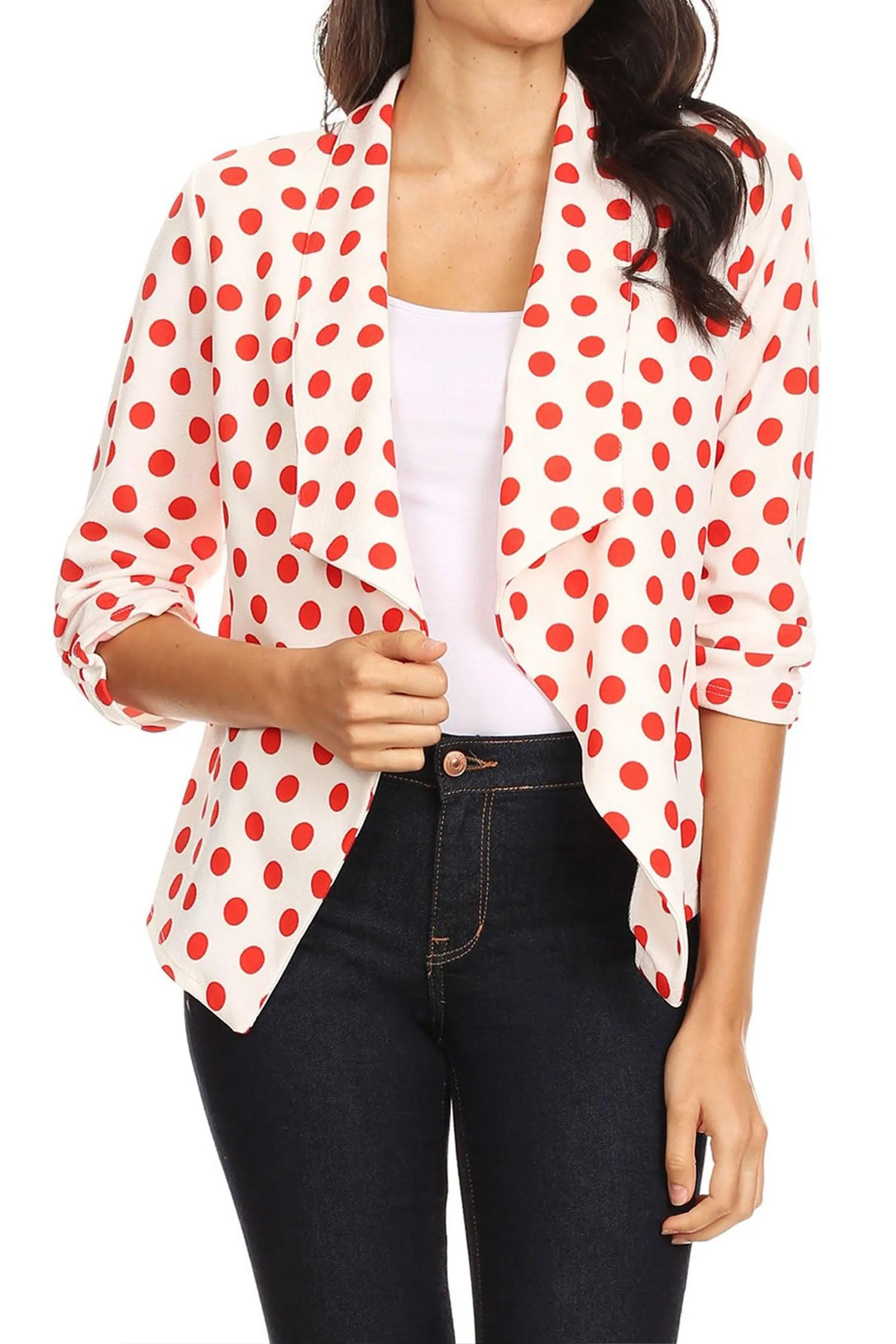 Women's Casual Open Front Polka Dot Roll Up Sleeve Blazer