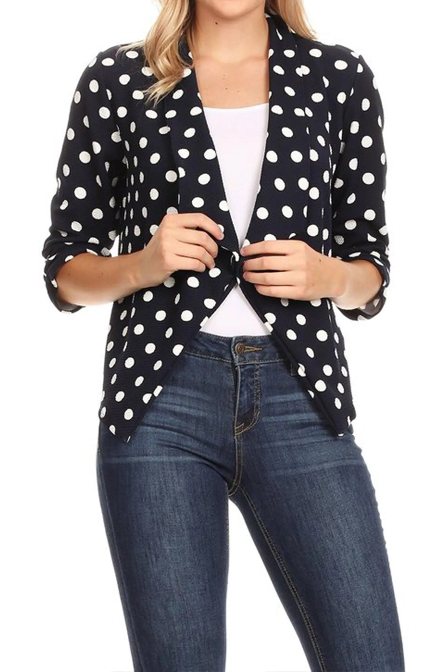 Women's Casual Open Front Polka Dot Roll Up Sleeve Blazer