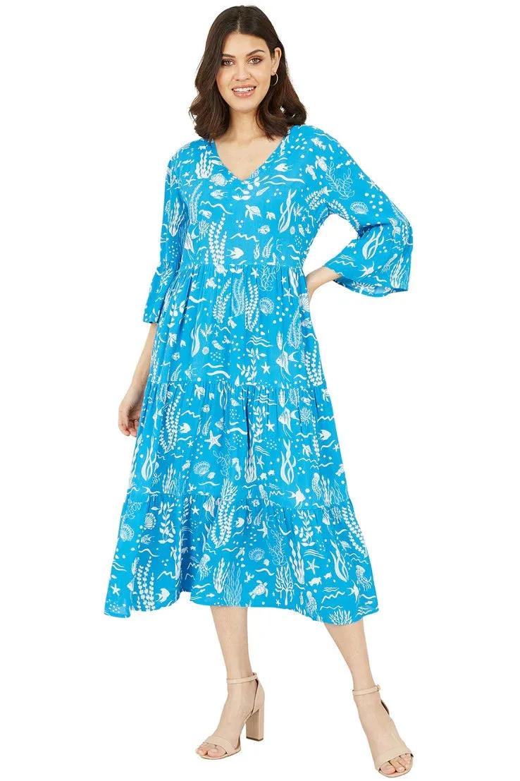 Yumi Blue Sealife Print Midi Dress